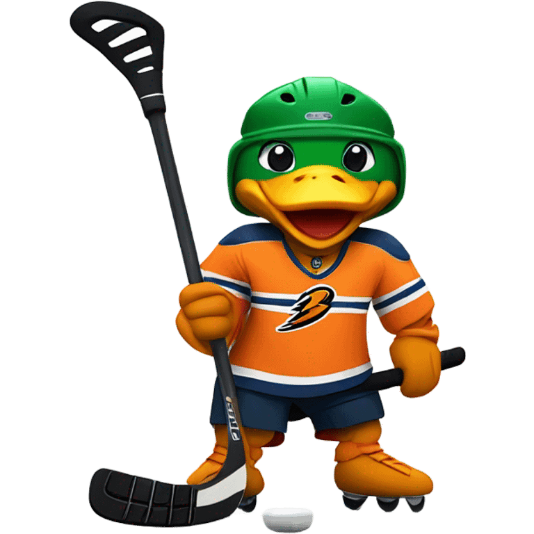 Strong Duck wearing orange jersey playing hockey emoji