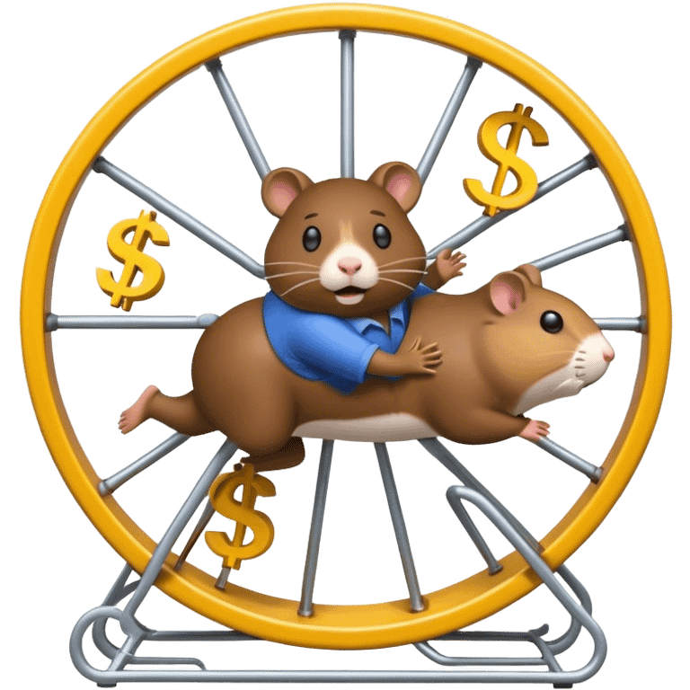 Create an emoji of a tired, overworked entrepreneur running on a hamster wheel, chasing a floating dollar sign or a bag of money. The character has dark circles under their eyes, looks exhausted, and appears stuck in an endless cycle. The hamster wheel represents constant struggle, while the money is always just out of reach. The style should be clean and easily recognizable as an emoji

 emoji