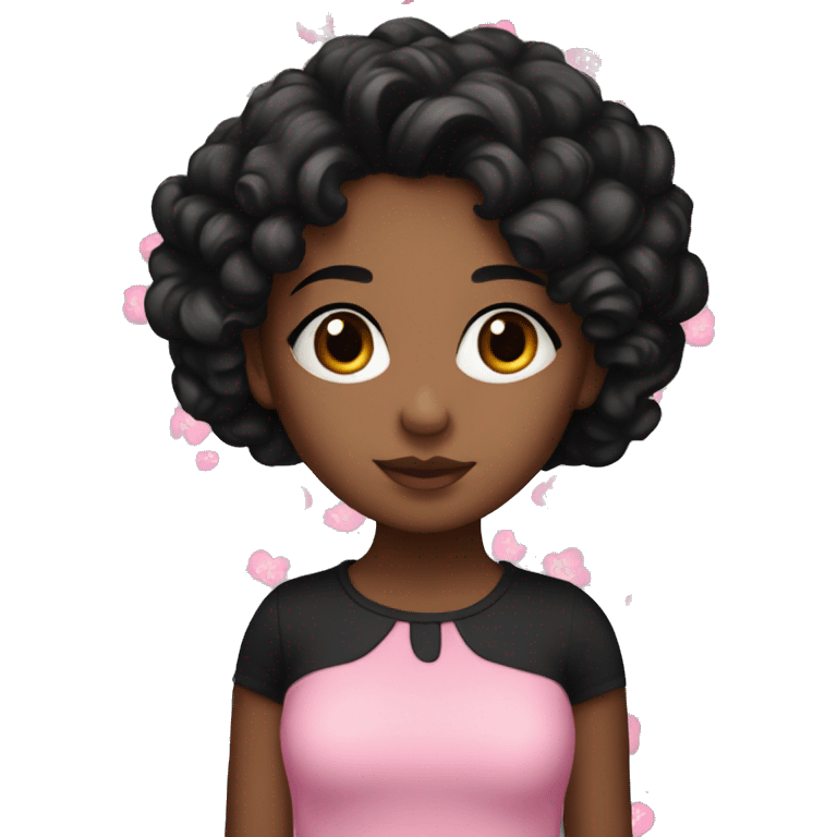 Girl with brown skin and black hair and black curly hair wearing a pink flower top emoji