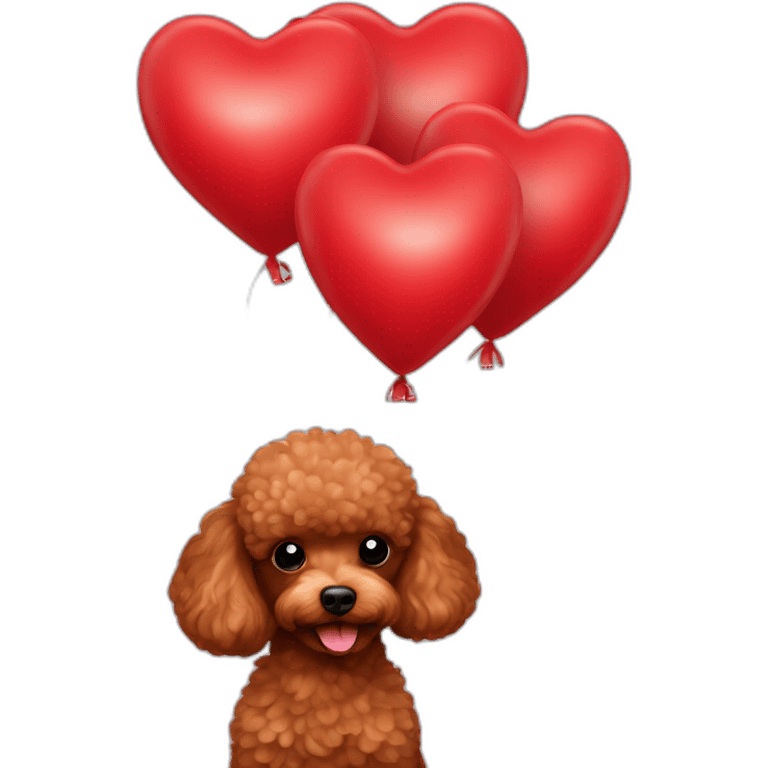 red toy poodle happy Surrounded by red heart-shaped balloons emoji