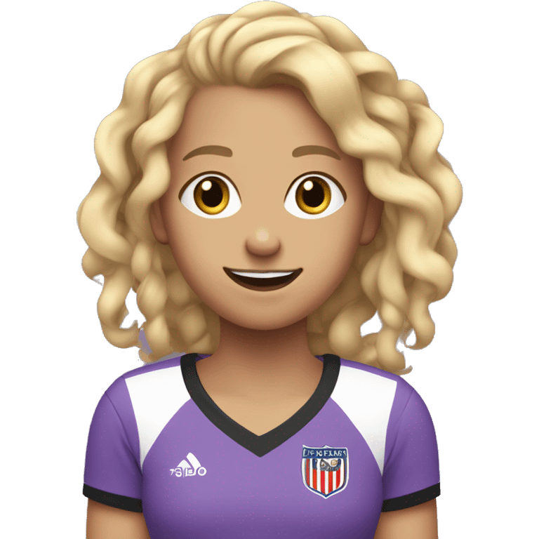 BLONDE GIRL WITH CURLS PLAYS SMILING FOOTBALL WITH BRAIDS WITH A LILAC AND BLACK T-SHIRT WITHOUT STRIPES emoji