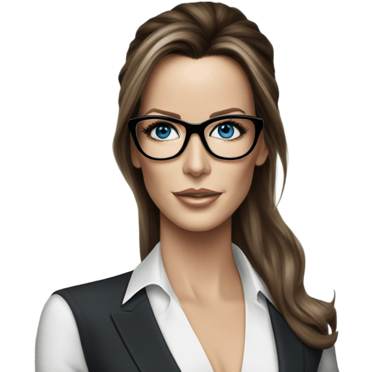 Hyper Realistic photo Kate Beckinsale blue eyes wearing glasses in a business meeting high fashion  emoji