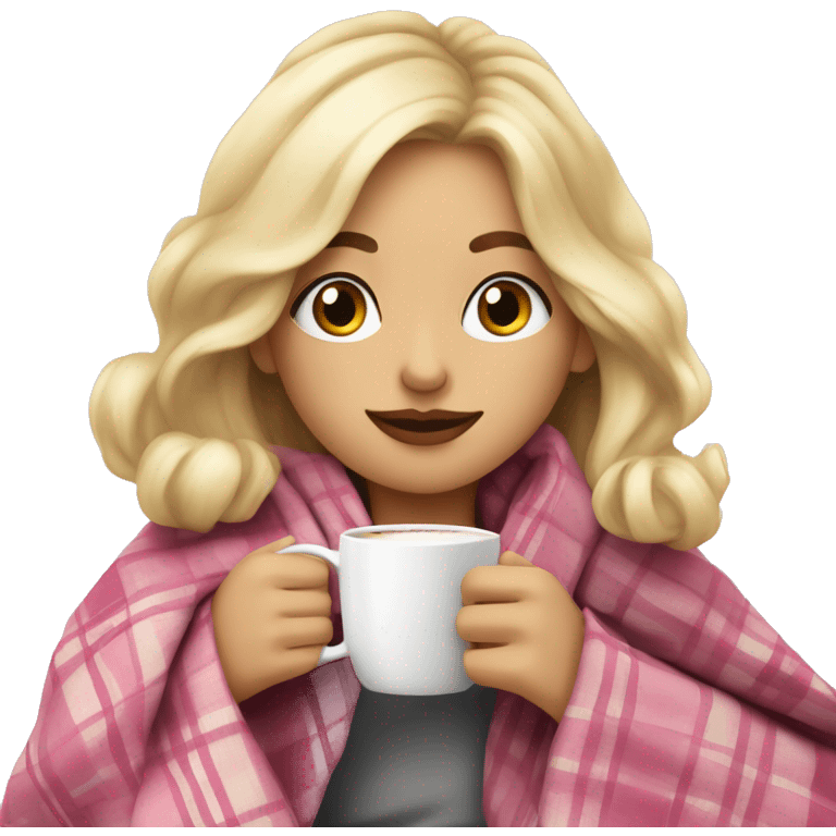 cute blonde girl wrapped in pink plaid blanket drinking coffee emoji