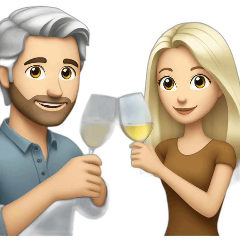 caucasian woman with brown eyes and blond medium long hair and a caucasian man with blue eyes and grey hair, toasting with a glass of white wine emoji