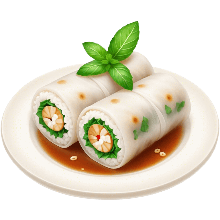 Bánh Cuốn Cinematic Realistic Bánh Cuốn Dish Emoji, depicted as delicate steamed rice rolls garnished with chopped mint on top, rendered with lifelike textures and fresh, vibrant lighting. emoji