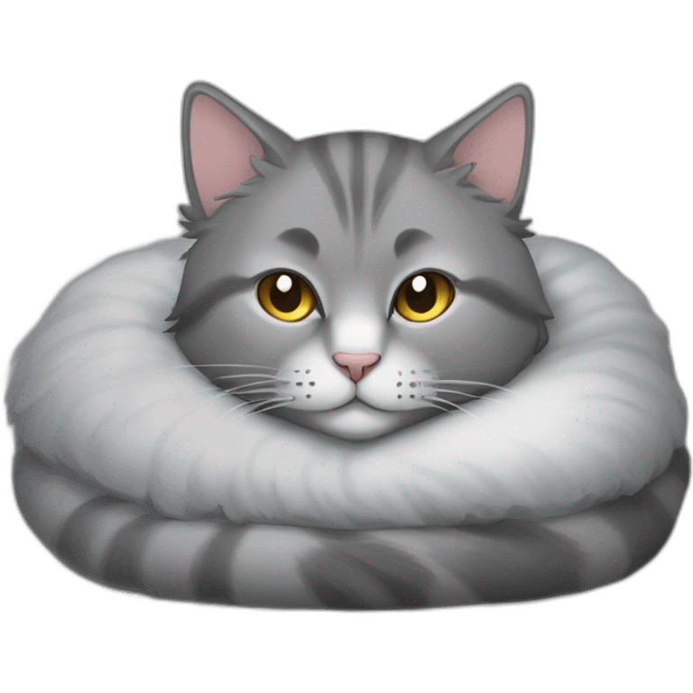 A fluffy gray cat curled up in the center of the bed The cat's eyes are closed and it is sleeping peacefully The cat's fur is soft and luxurious emoji