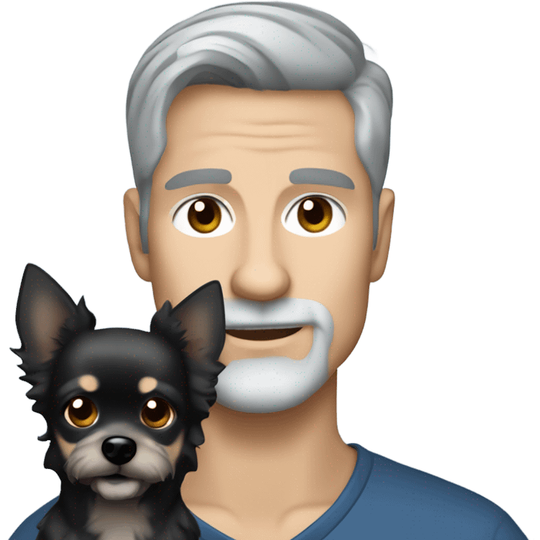 Handsome man with gray goatee and gray hair and blue eyes holding all black long haired chihuahua emoji