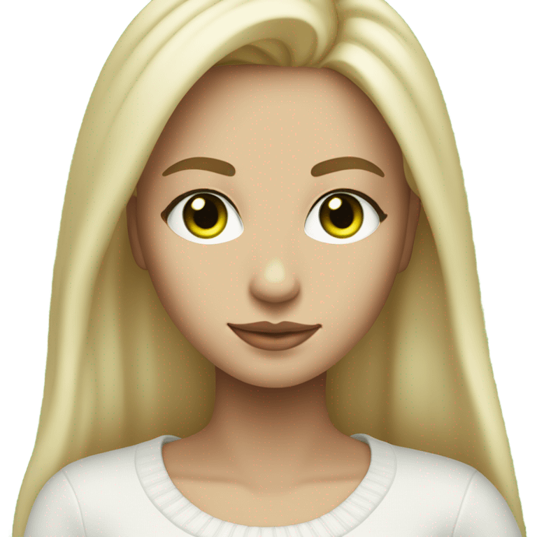 blonde girl with green eyes, smooth skin, white sweater, long blow out hair, baddie, middle part emoji