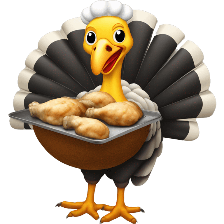 Turkey holding burning slice of black toasted bread and pan of oysters emoji