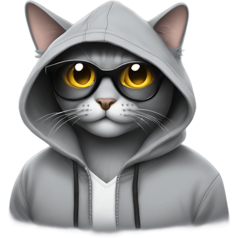 Gray Cat programmer in hoodie in sunglasses hack the system emoji