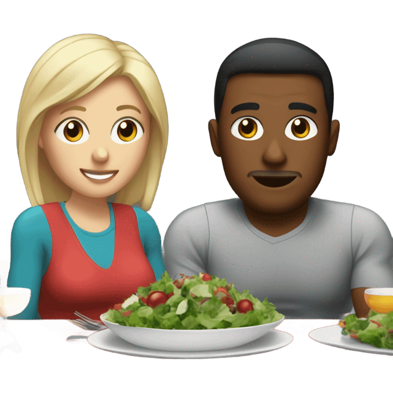 emoji Sporty white couple, man and woman in sportswear, sitting at Christmas holiday dinner table only salads emoji