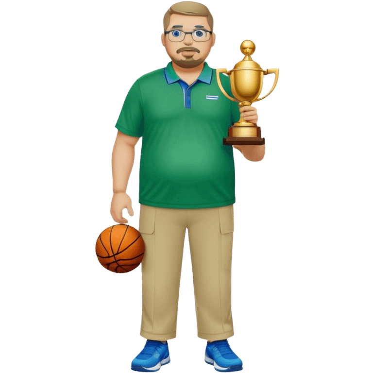  full body white obese male basketball coach with trophy. Goatee , Wearing glasses and blue and green nike polo shirt and khaki pants emoji