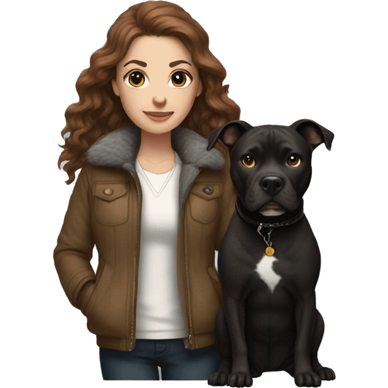 white woman with long brown hair and cat shaped eyes wearing a furry jacket standing alongside a black pitbull  emoji