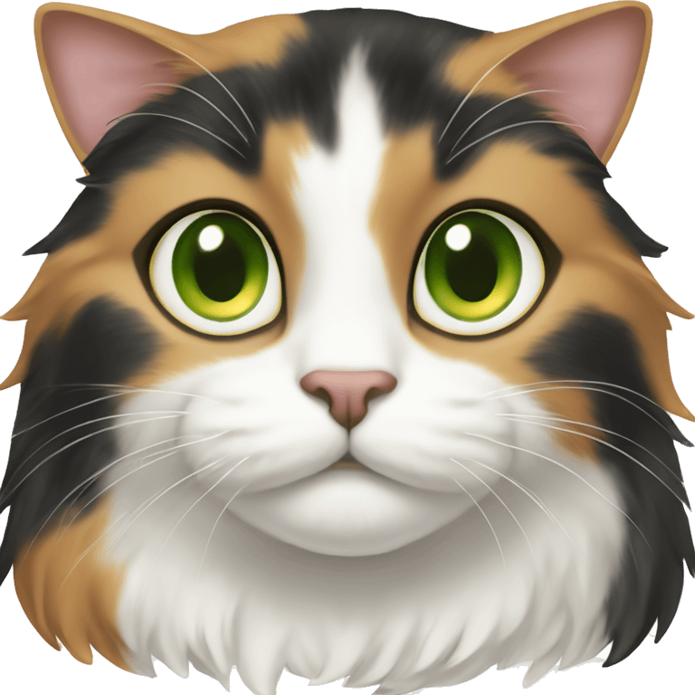 This cat has a calico coat with black, orange, and white fur. It has green eyes, white paws, and a curious look. emoji