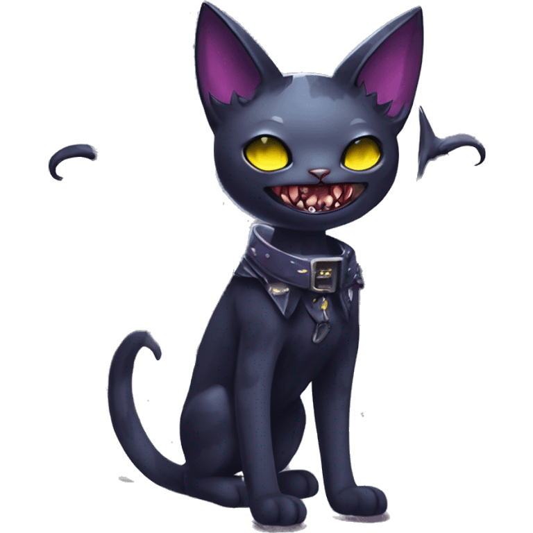  cool edgy kawaii ethereal dark-punk-themed animal vampiric cat-hybrid Fakemon with fangs and bat-wing-ears with a collar full body emoji