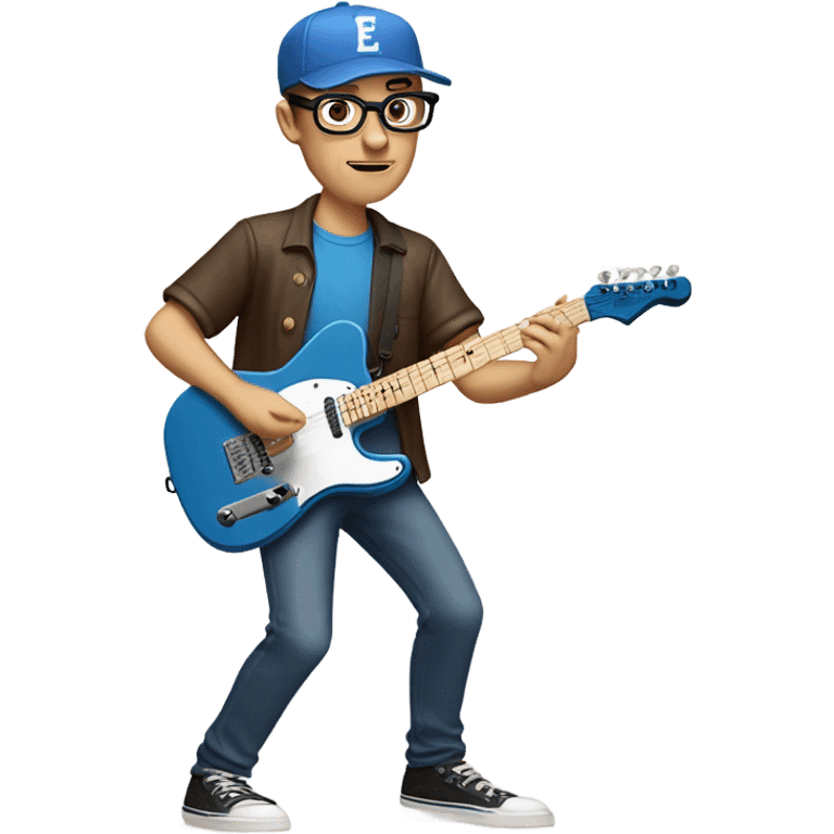 A nerdy white guy with glasses with short brown hair wearing a baseball cap playing a blue classic telescaster emoji