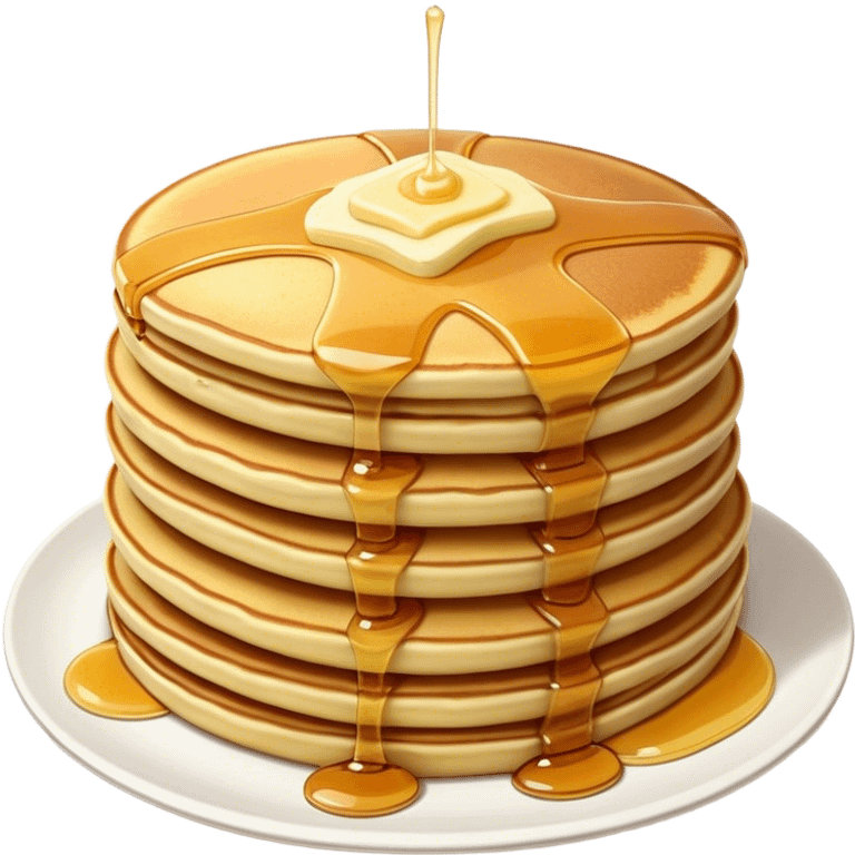 Cinematic fluffy golden pancakes, stacked high, drizzled with maple syrup, topped with fresh butter melting on top, light dusting of powdered sugar, warm and inviting, soft glow and mouthwatering. emoji