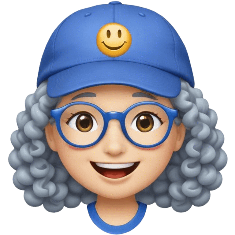 female yellow smiley face emoji, big smile, winking, wearing a blue ballcap backwards, grey curly hair, glasses, no eye color, face only, less detail, no ornament on hat emoji