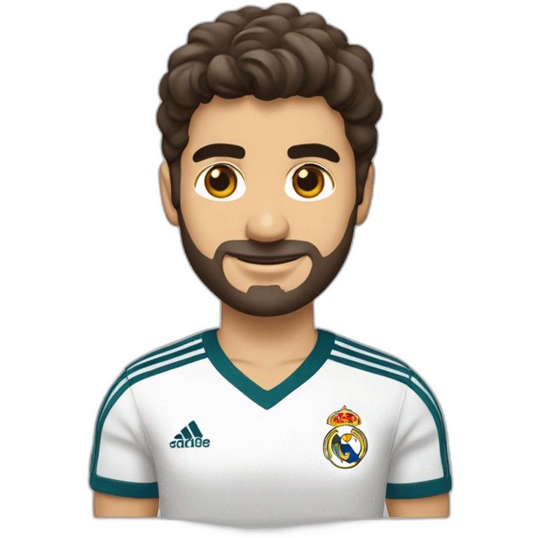 Chico rubio, simpático, vestido con camiseta del real Madrid emoji