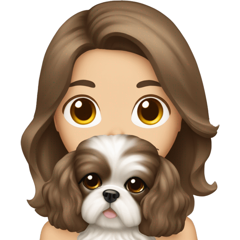 Young brunette hair woman with a cream shih tzu in her arms long wavy hair emoji