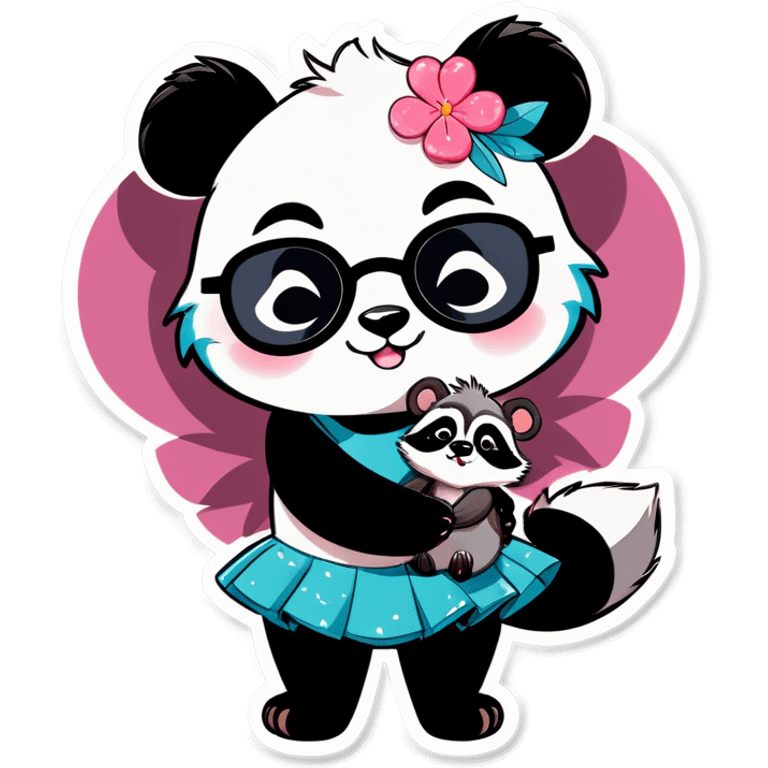 Cute female Panda wearing a tutu and glasses with a flower above 1 ear hugging a male raccoon  emoji