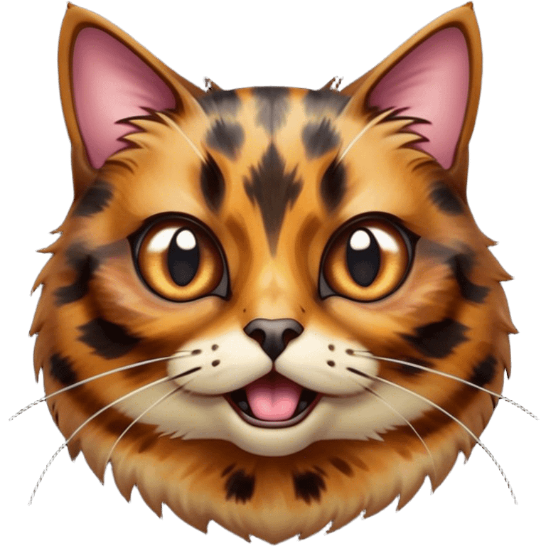 Cinematic Comical Tortoiseshell Cat Portrait Emoji, Head cocked dramatically with an over-the-top shocked expression, featuring a rich mottled fur of browns and blacks and wide, comically animated eyes full of playful disbelief, simplified yet hilariously detailed, glowing with a bold, sassy radiance, high shine, exuding a mischievous and spirited charm, styled with a soft glowing outline, capturing the essence of a tortoiseshell cat that appears ready to burst into comical antics! emoji