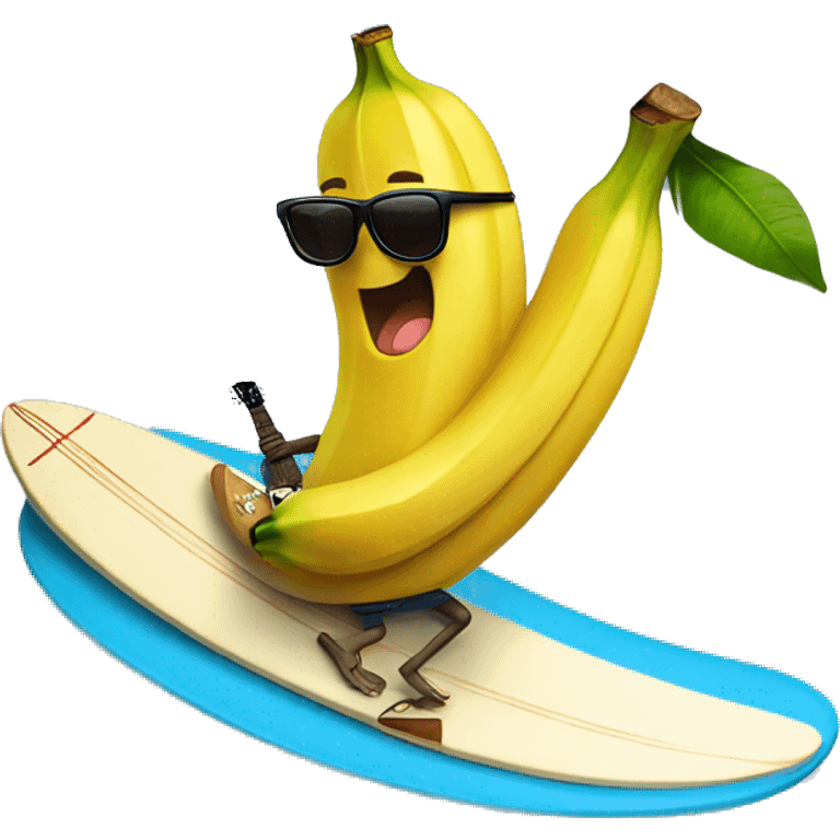 banana with sunglasses riding a surfboard while playing a guitar emoji