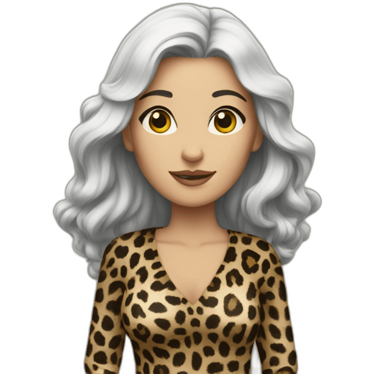 white dark-haired woman dressed in leopard emoji