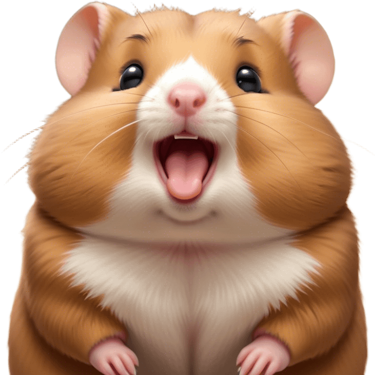 Cinematic Cute Yawning Brown Hamster Portrait Emoji, Head tilted slightly with a dramatic, wide-open yawn, showcasing a smooth, rich brown fur with tiny droopy ears, round dark eyes barely open in drowsy contentment, Simplified yet irresistibly adorable features, highly detailed, glowing with a soft, cozy glow, high shine, relaxed yet expressive, stylized with a touch of whimsy, bright and endearing, soft glowing outline, capturing the essence of a sleepy yet affectionate hamster, so drowsy it feels like it could stretch out of the screen and curl up for a nap! emoji