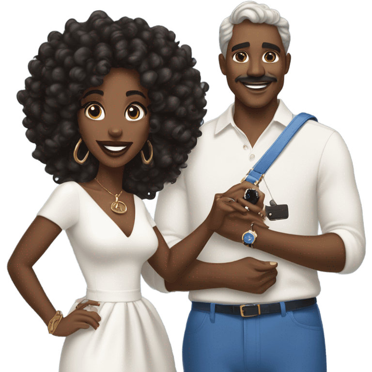 Brown Black woman in her mid-20s with blowout curls, wearing a white dress, holding a blue mini Hermes Kelly BAG, and a 7-carat ring. A White  man with blue eyes, dark grey hair, mustache, and an expensive watch, smiling at her.” emoji