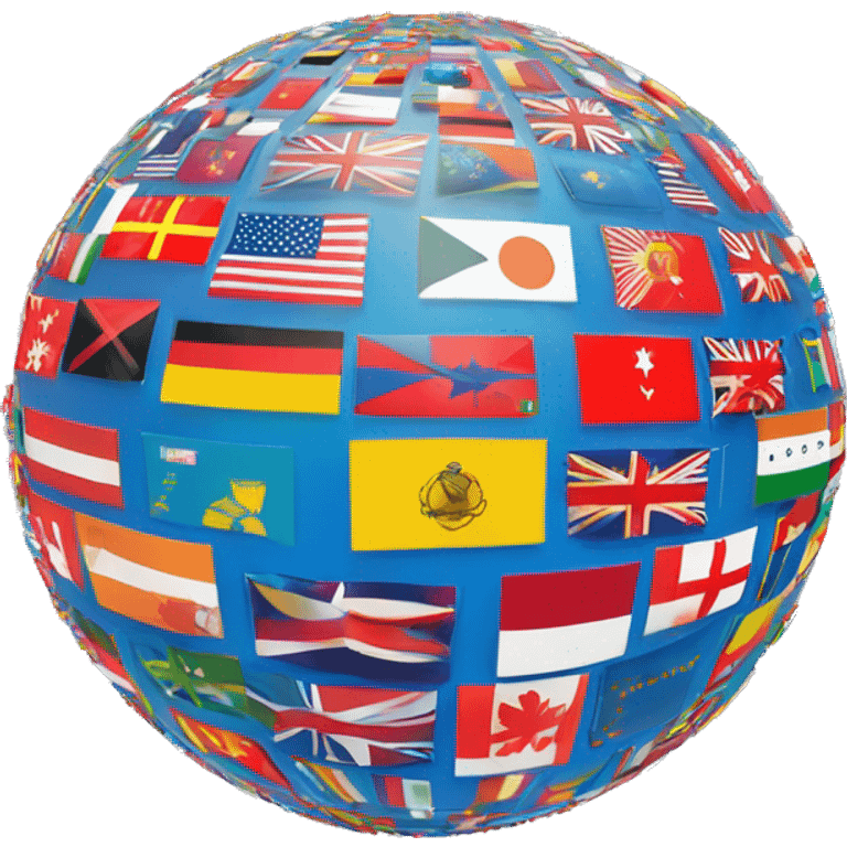 Glowing globe with interconnected lines, surrounded by small country flags, representing virtual connections across 100+ countries. Modern, tech-inspired design. emoji