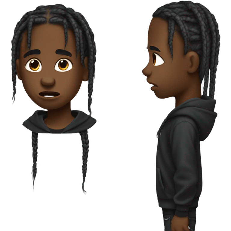 A black kid with Travis Scott braids and has more of a middle skin tone and is wearing a black hoodie and gray pants and black shorts wwho just got rejected  emoji