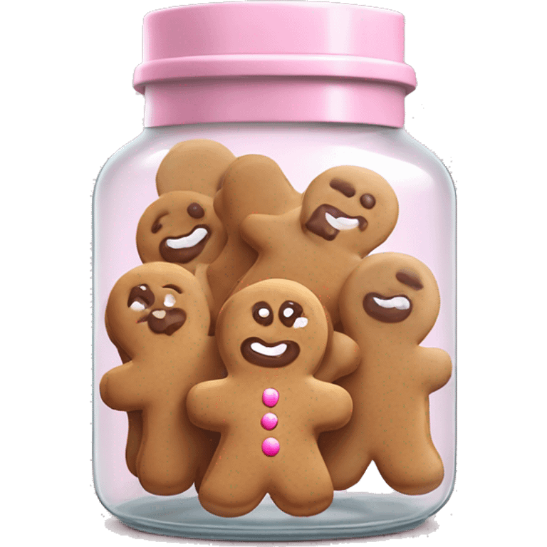 Realistic glass cookie jar with light pink lid full of gingerbread cookies isolated.  emoji