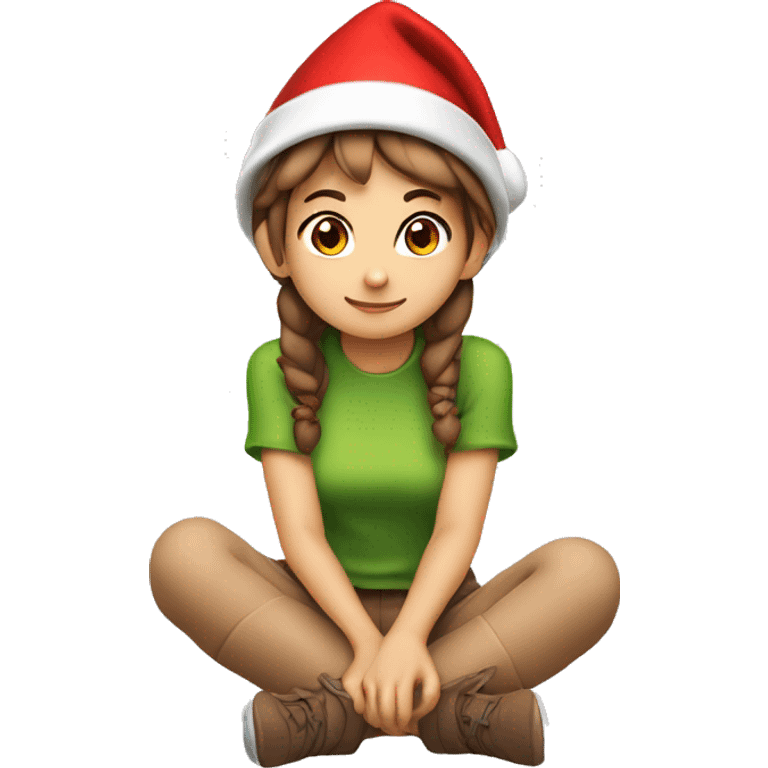 Girl with  brown short hair in red elf hat in a sitting position holding her knees ￼ emoji