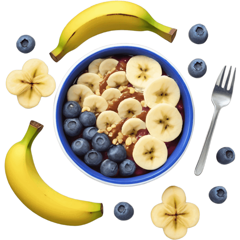 Açai Bowl with banana and peanut sauce and blueberies in clean girl style  emoji