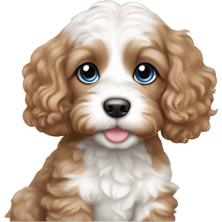 a cavapoo puppy with white and brown, wavy hair, blue eyes, pink nose  emoji