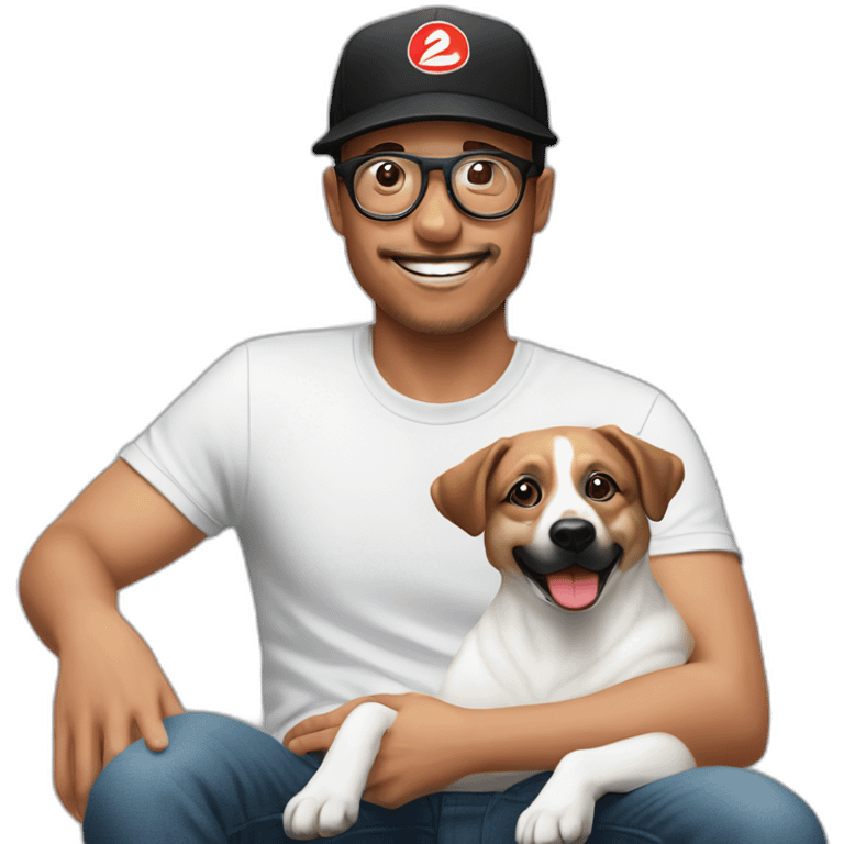 shibba dog resting on a man's lap. white man is wearing a black baseball cap with a red circular logo on it, has 5 o'clock shadow, and wearing clear acetate glasses emoji