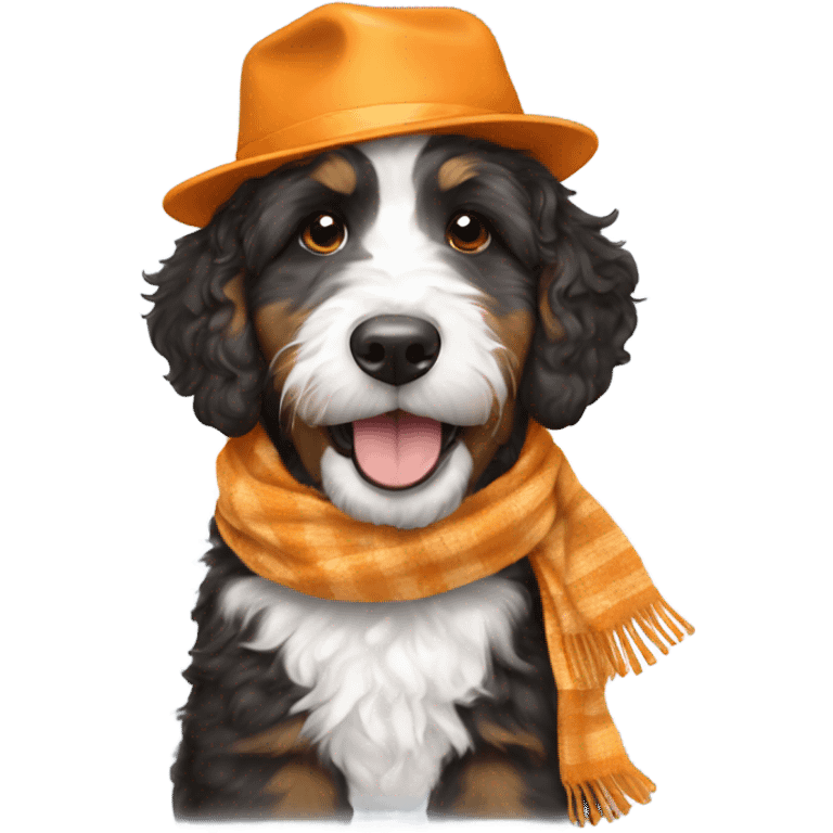 Bernedoodle with University of tennessee hat and scarf emoji