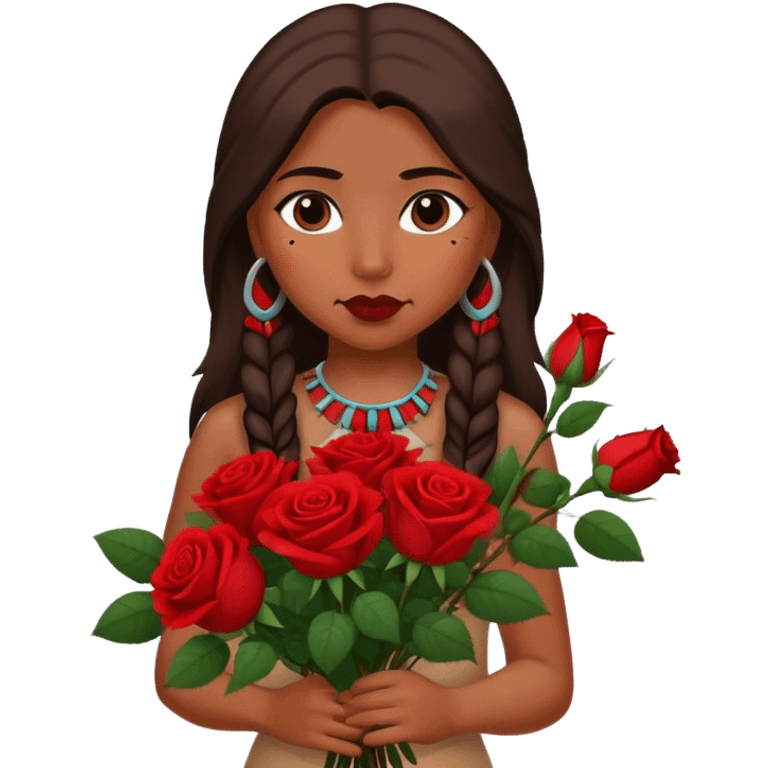 Native American girl with bouquet of red roses emoji