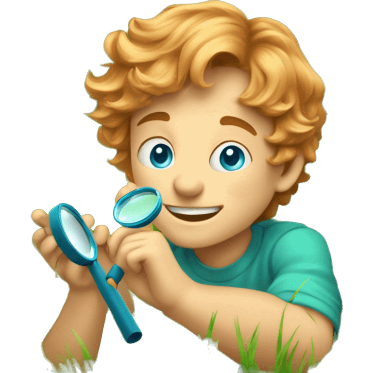 Little boy with blue/turquoise eyes, no glasses, and strawberryblonde wavy hair crouching down low in a lot of green grass. He is holding a magnifying glass, closely examining nature and looking happy/curious emoji