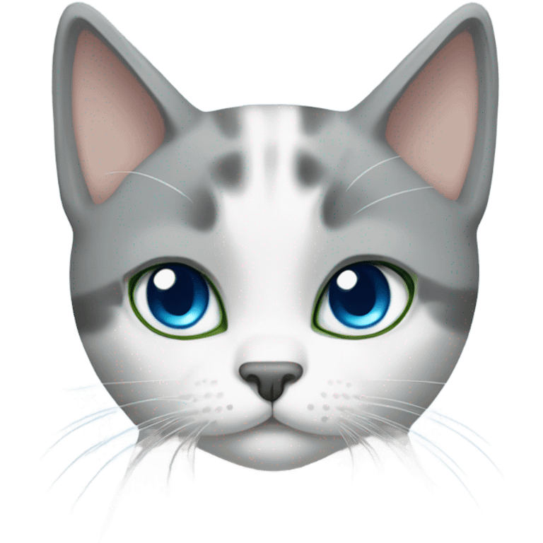 grey and white shorthair cat, one blue eye and one green eye emoji