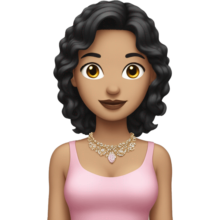 White girl with black hair wearing a pink dress with jewelry emoji