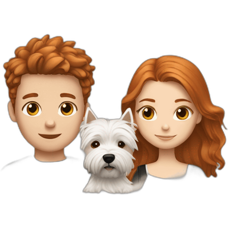 Brown haired boy and ginger haired girl with black westie emoji