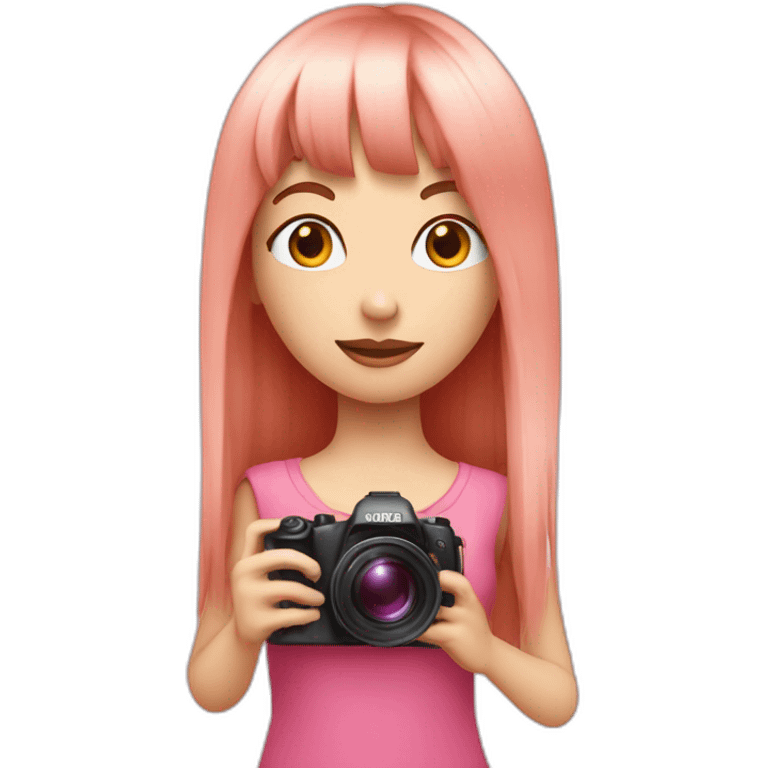 girl with long, straight rose hair with fringe and holding camera and wearing pink, pretty top emoji