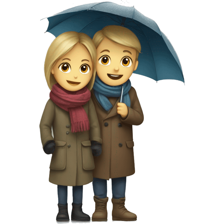 boy and girl in a scarf with an umbrella on the street emoji