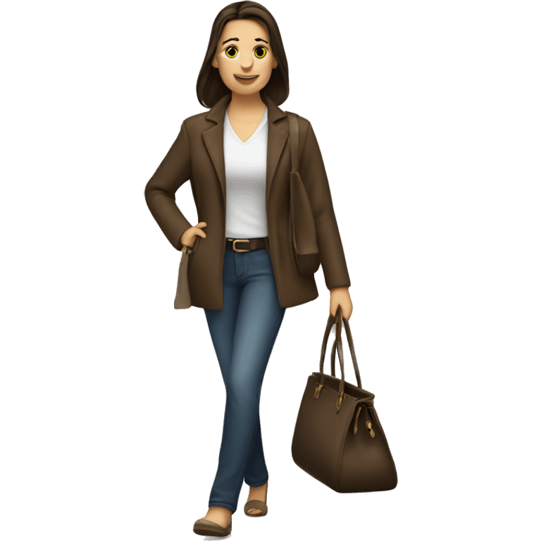 brunette caucasian woman dressed nice walking with a purse emoji