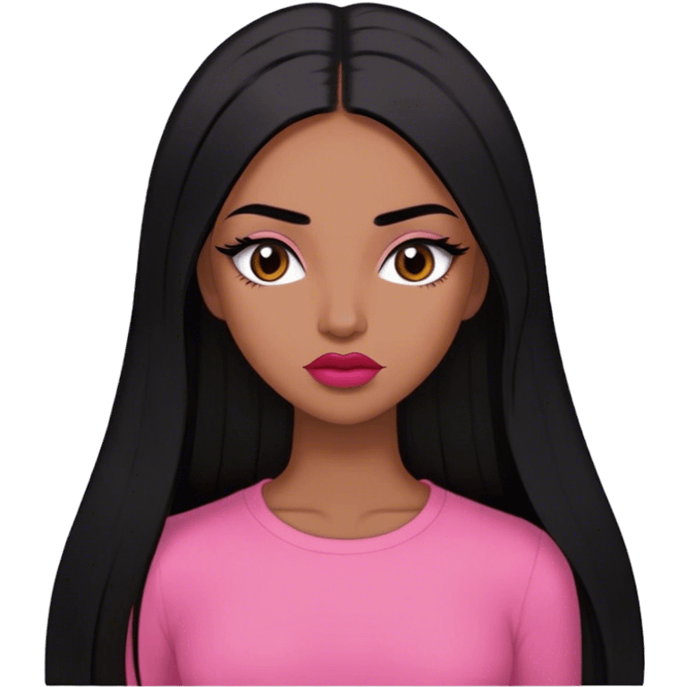 Woman,Medium brown skin,super long black straight hair, medium brown arched eyebrows, full lashes, red nude lips , pink shirt emoji