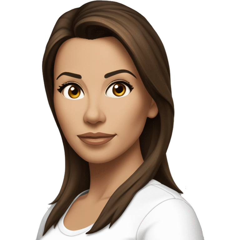 3/4 face, contrasted, shadow, light, Eva Longoria expression, standing from a distance, thin nose, brunette woman, hazel eyes, long eyelashes, dark shoulder shaded hair, white t-shirt, jeans, white sneakers emoji