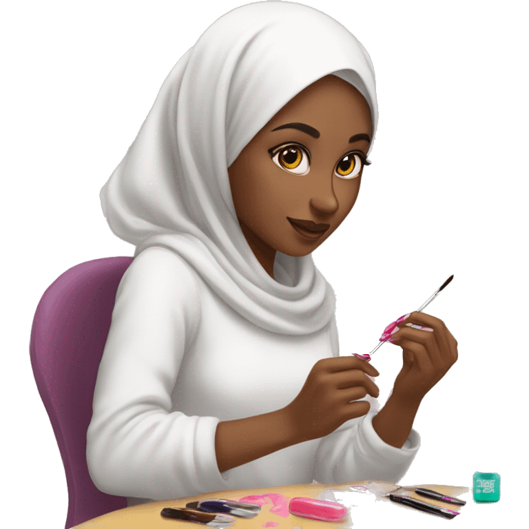 Cute-Muslim-girl-painting-her-nails-with-nail polish emoji