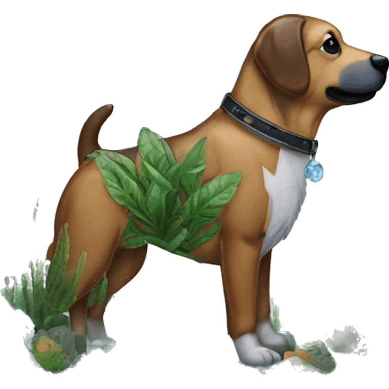 A dog made of glass mirror crystals prisms glass transparent filled with plants as a terrarium with graffiti doodles emoji